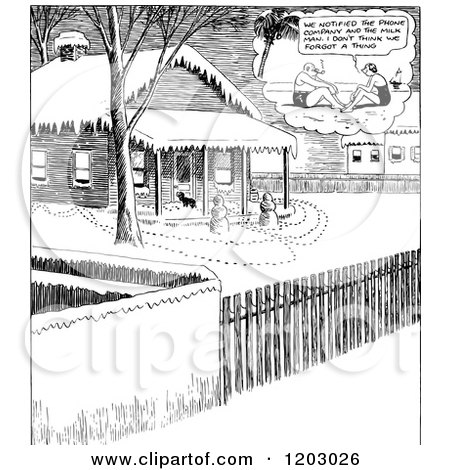 Cartoon of a Vintage Black and White Couple on Vacation and Their Home in Winter - Royalty Free Vector Clipart by Prawny Vintage