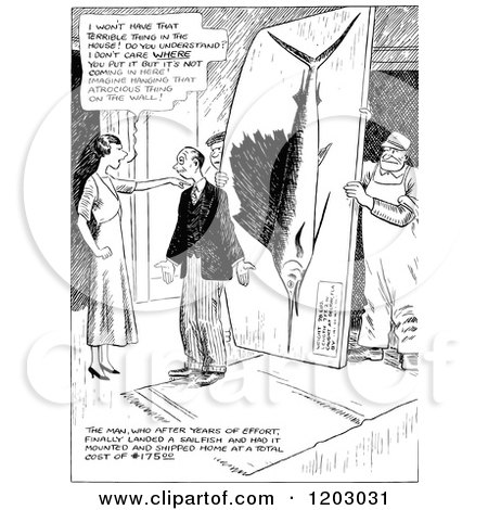 Cartoon of a Vintage Black and White Couple Discussing a Mounted Sailfish - Royalty Free Vector Clipart by Prawny Vintage