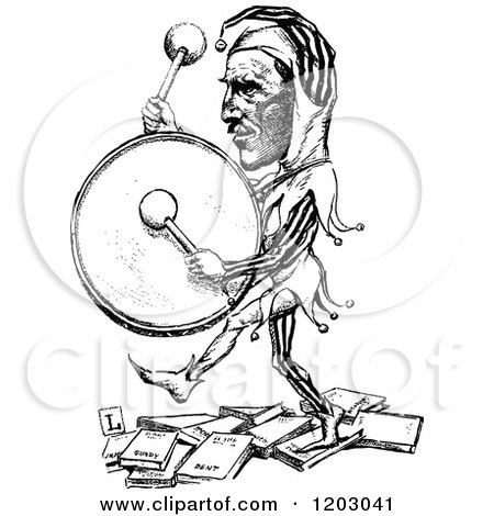 Cartoon of a Vintage Black and White Drumming Jester - Royalty Free Vector Clipart by Prawny Vintage