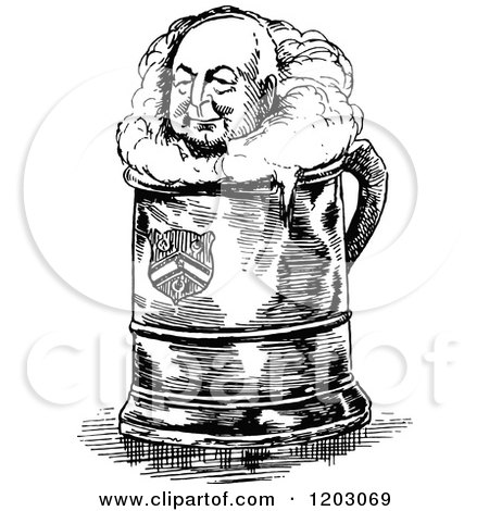 Clipart of a Vintage Black and White Beer Man - Royalty Free Vector Illustration by Prawny Vintage