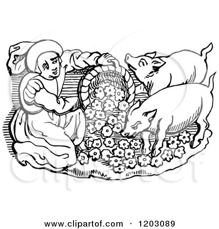 Clipart of a Vintage Black and White Person Feeding Swine - Royalty Free Vector Illustration by Prawny Vintage