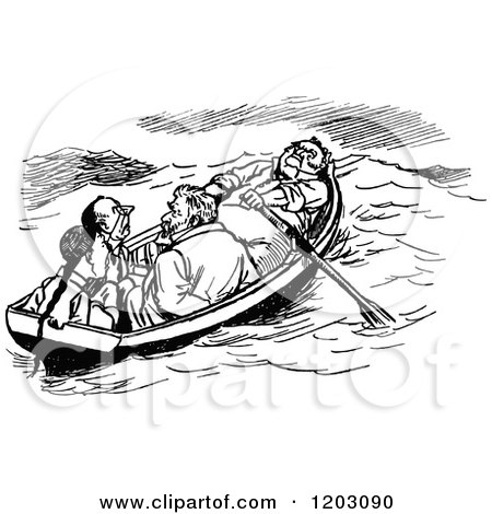 Clipart of a Vintage Black and White Boat with Four Men - Royalty Free Vector Illustration by Prawny Vintage