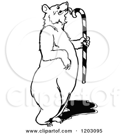Clipart of a Vintage Black and White Bear Licking a Candy Cane - Royalty Free Vector Illustration by Prawny Vintage