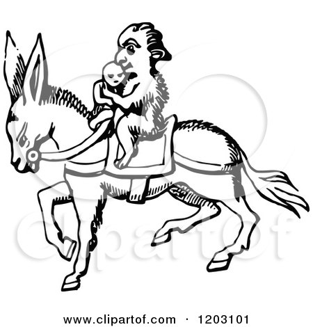 Clipart of a Vintage Black and White Monkey on a Donkey - Royalty Free Vector Illustration by Prawny Vintage