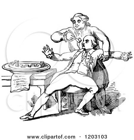 Clipart of a Vintage Black and White Man Drugging Another - Royalty Free Vector Illustration by Prawny Vintage