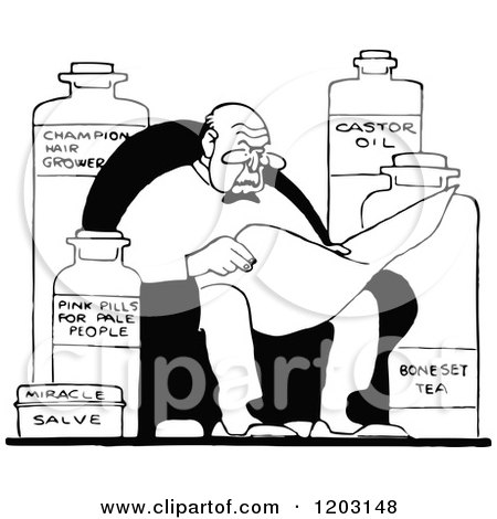 Clipart of a Vintage Black and White Old Man Cartoon with Bottles - Royalty Free Vector Illustration by Prawny Vintage
