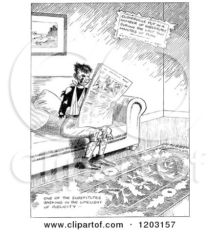 Cartoon of a Vintage Black and White Injured Boy Reading a Newspaper - Royalty Free Vector Clipart by Prawny Vintage
