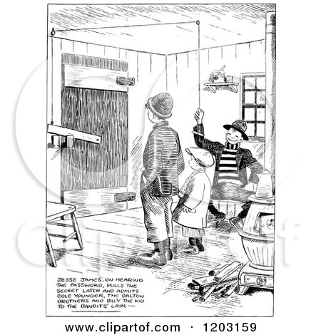 Cartoon of a Vintage Black and White Boys Bandit Lair - Royalty Free Vector Clipart by Prawny Vintage