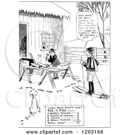 Cartoon of Vintage Black and White Boys Making Skis - Royalty Free Vector Clipart by Prawny Vintage