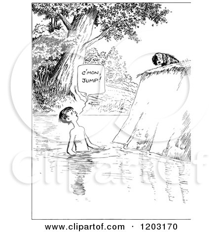 Cartoon of a Vintage Black and White Boy Encouraging His Dog to Swim - Royalty Free Vector Clipart by Prawny Vintage