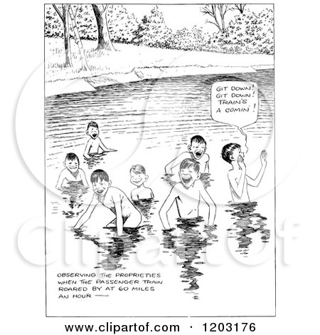 Cartoon of a Vintage Black and White Group of Boys Swimming - Royalty Free Vector Clipart by Prawny Vintage