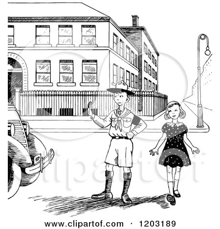 Cartoon of a Vintage Black and White Boy Scout Escorting a Girl Across a Street - Royalty Free Vector Clipart by Prawny Vintage