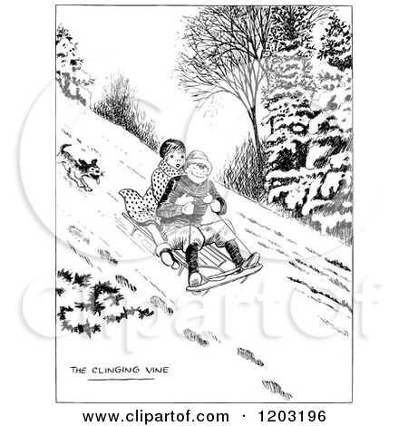 Cartoon of a Vintage Black and White Dog Chasing Kids on a Sled - Royalty Free Vector Clipart by Prawny Vintage