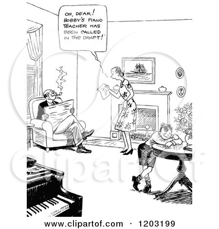 Cartoon of a Vintage Black and White Boy Pleased About His Piano Teacher Being Drafted - Royalty Free Vector Clipart by Prawny Vintage