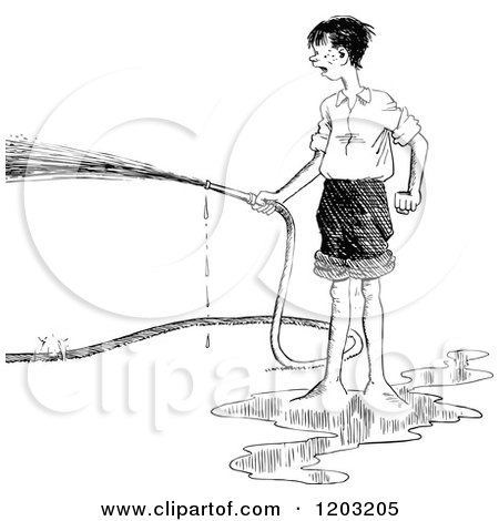 Cartoon of a Vintage Black and White Boy Using a Hose - Royalty Free Vector Clipart by Prawny Vintage