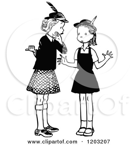 Cartoon of Vintage Black and White Two Girls Gossiping - Royalty Free Vector Clipart by Prawny Vintage