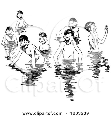 Cartoon of a Vintage Black and White Group of Happy Boys Swimming - Royalty Free Vector Clipart by Prawny Vintage