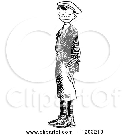 Cartoon of a Vintage Black and White Boy with Hands in His Pockets - Royalty Free Vector Clipart by Prawny Vintage