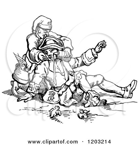 Clipart of a Vintage Black and White Soldier Helping Another - Royalty Free Vector Illustration by Prawny Vintage