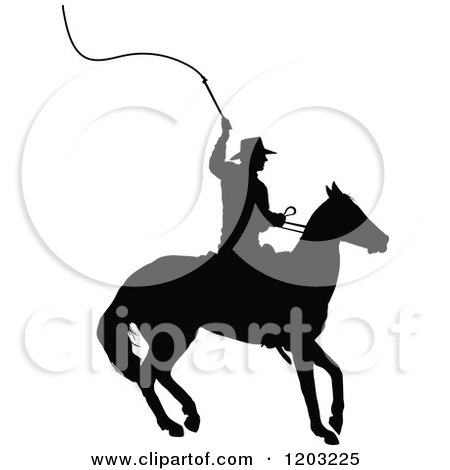 Clipart of a Black Silhouetted Horseback Cowboy Swinging a Whip - Royalty Free Vector Illustration by Maria Bell