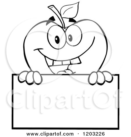 Cartoon of a Black and White Apple Character Holding a Sign 3 - Royalty Free Vector Clipart by Hit Toon