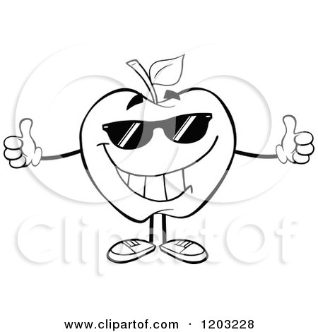 Cartoon of a Black and White Apple Character with Sunglasses, Holding Two Thumbs up - Royalty Free Vector Clipart by Hit Toon