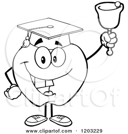 Cartoon of a Black and White Apple Character Graduate Ringing a Bell - Royalty Free Vector Clipart by Hit Toon