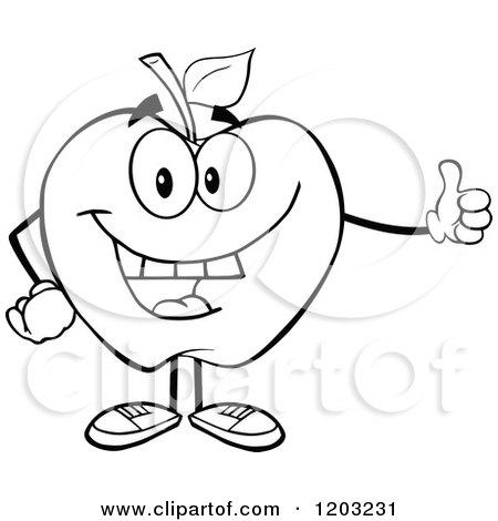 Cartoon of a Black and White Apple Character Holding a Thumb up - Royalty Free Vector Clipart by Hit Toon