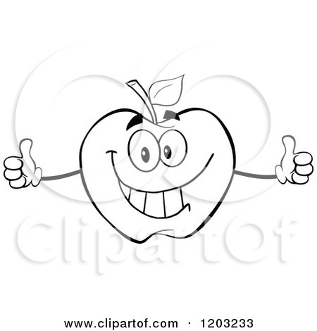 Cartoon of a Black and White Apple Character Holding Two Thumbs up - Royalty Free Vector Clipart by Hit Toon