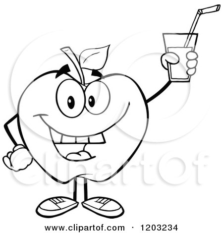Cartoon of a Black and White Apple Character Holding up a Drink - Royalty Free Vector Clipart by Hit Toon