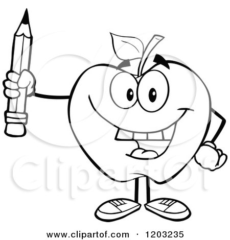 Cartoon of a Black and White Apple Character Holding a Pencil - Royalty Free Vector Clipart by Hit Toon