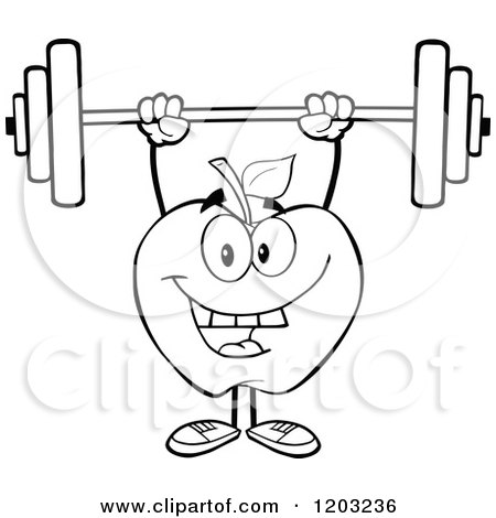 Cartoon of a Black and White Apple Character Lifting a Barbell - Royalty Free Vector Clipart by Hit Toon
