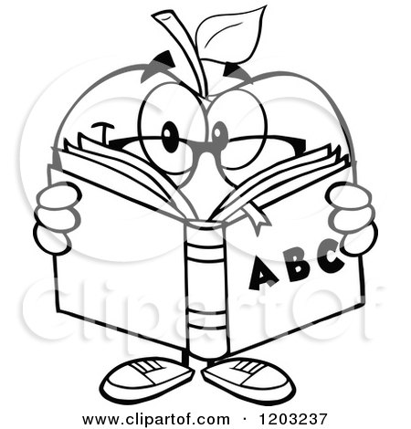 Cartoon of a Black and White Apple Character Reading an Abc Book - Royalty Free Vector Clipart by Hit Toon