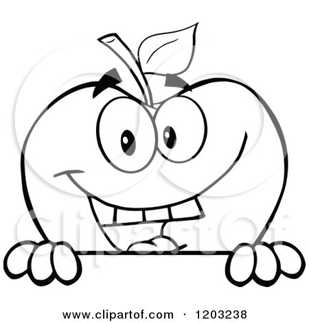 Cartoon of a Black and White Apple Character over a Sign - Royalty Free Vector Clipart by Hit Toon