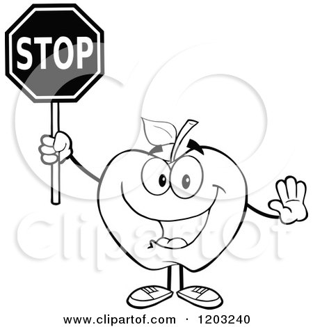 Cartoon of a Black and White Apple Character Holding a Stop Sign - Royalty Free Vector Clipart by Hit Toon