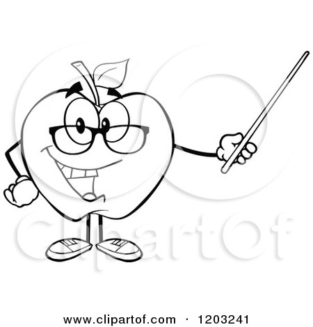 Cartoon of a Black and White Apple Character Teacher Using a Pointer Stick - Royalty Free Vector Clipart by Hit Toon