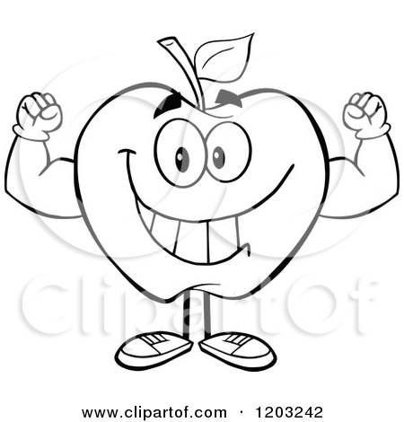 Cartoon of a Black and White Apple Character Flexing - Royalty Free Vector Clipart by Hit Toon