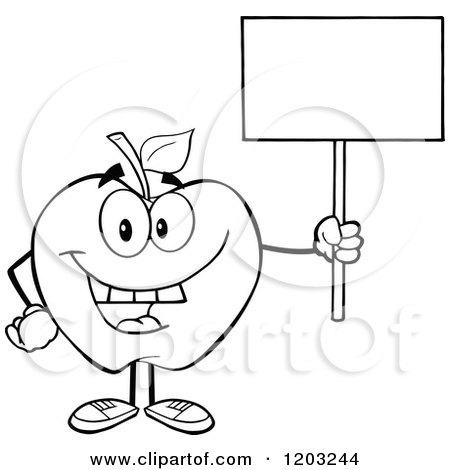 Cartoon of a Black and White Apple Character Holding a Sign 2 - Royalty Free Vector Clipart by Hit Toon