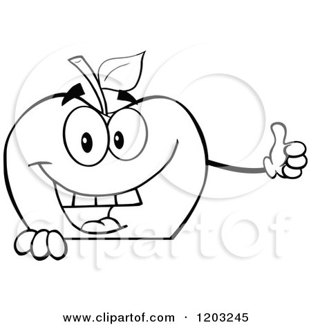 Cartoon of a Black and White Apple Character Holding a Thumb up over a Sign - Royalty Free Vector Clipart by Hit Toon