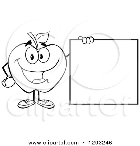 Cartoon of a Black and White Apple Character Holding a Sign - Royalty Free Vector Clipart by Hit Toon