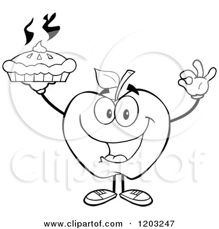 Cartoon of a Black and White Apple Character Holding a Pie - Royalty Free Vector Clipart by Hit Toon