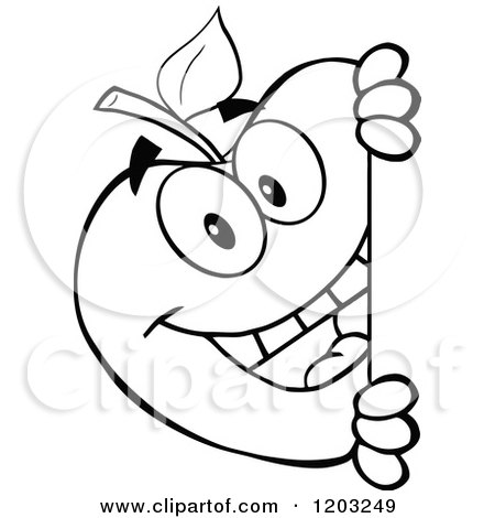 Cartoon of a Black and White Apple Character Looking Around a Sign - Royalty Free Vector Clipart by Hit Toon