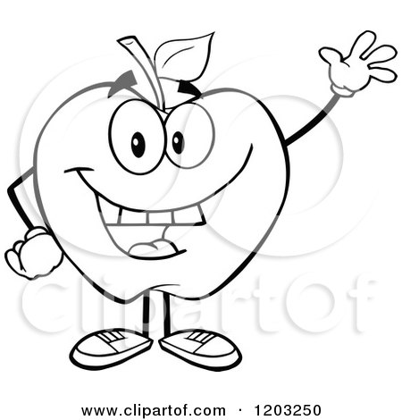 Cartoon of a Black and White Apple Character Waving - Royalty Free Vector Clipart by Hit Toon