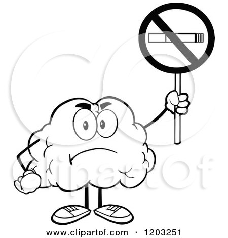 Cartoon of a Black and White Brain Mascot Holding a No Smoking Sign - Royalty Free Vector Clipart by Hit Toon