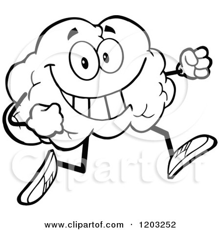 Cartoon of a Black and White Happy Brain Mascot Running - Royalty Free Vector Clipart by Hit Toon