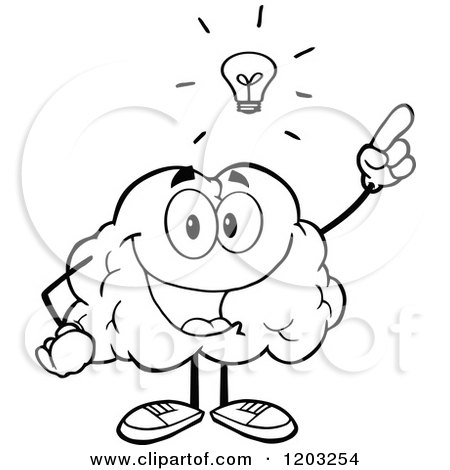 Cartoon of a Black and White Happy Brain Mascot with an Idea - Royalty Free Vector Clipart by Hit Toon