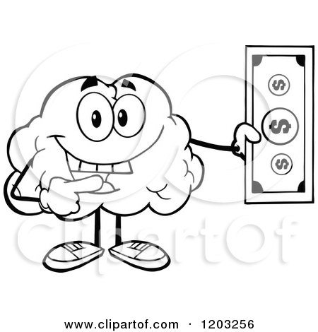 Cartoon of a Black and White Happy Brain Mascot Holding a Dollar Bill - Royalty Free Vector Clipart by Hit Toon