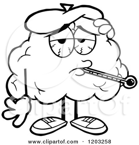 Cartoon of a Black and White Sick Brain Mascot with a Thermometer - Royalty Free Vector Clipart by Hit Toon