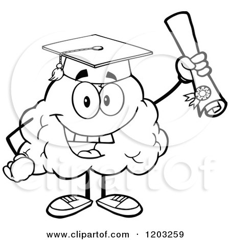 Cartoon of a Black and White Happy Brain Mascot Graduate Holding a Diploma - Royalty Free Vector Clipart by Hit Toon