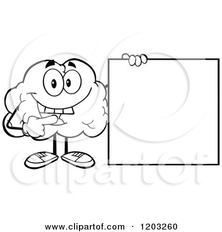 Cartoon of a Black and White Brain Mascot Holding and Pointing to a Sign - Royalty Free Vector Clipart by Hit Toon